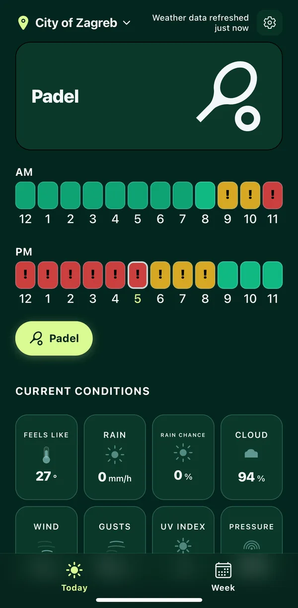 SunnyGap Today screen: padel conditions for the day